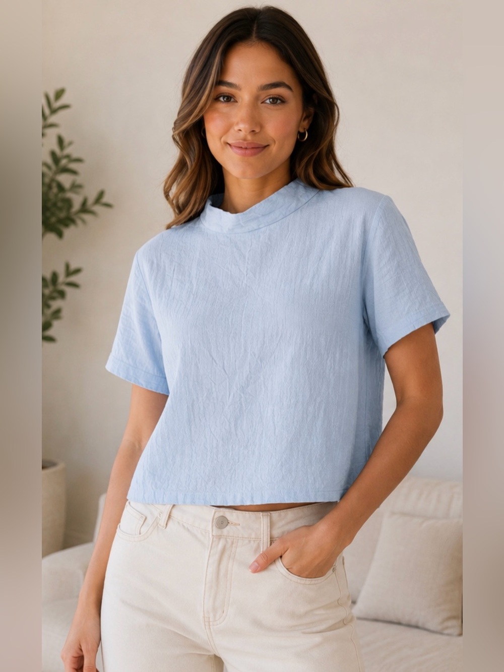 Light Blue Short Sleeve Mock Neck Top